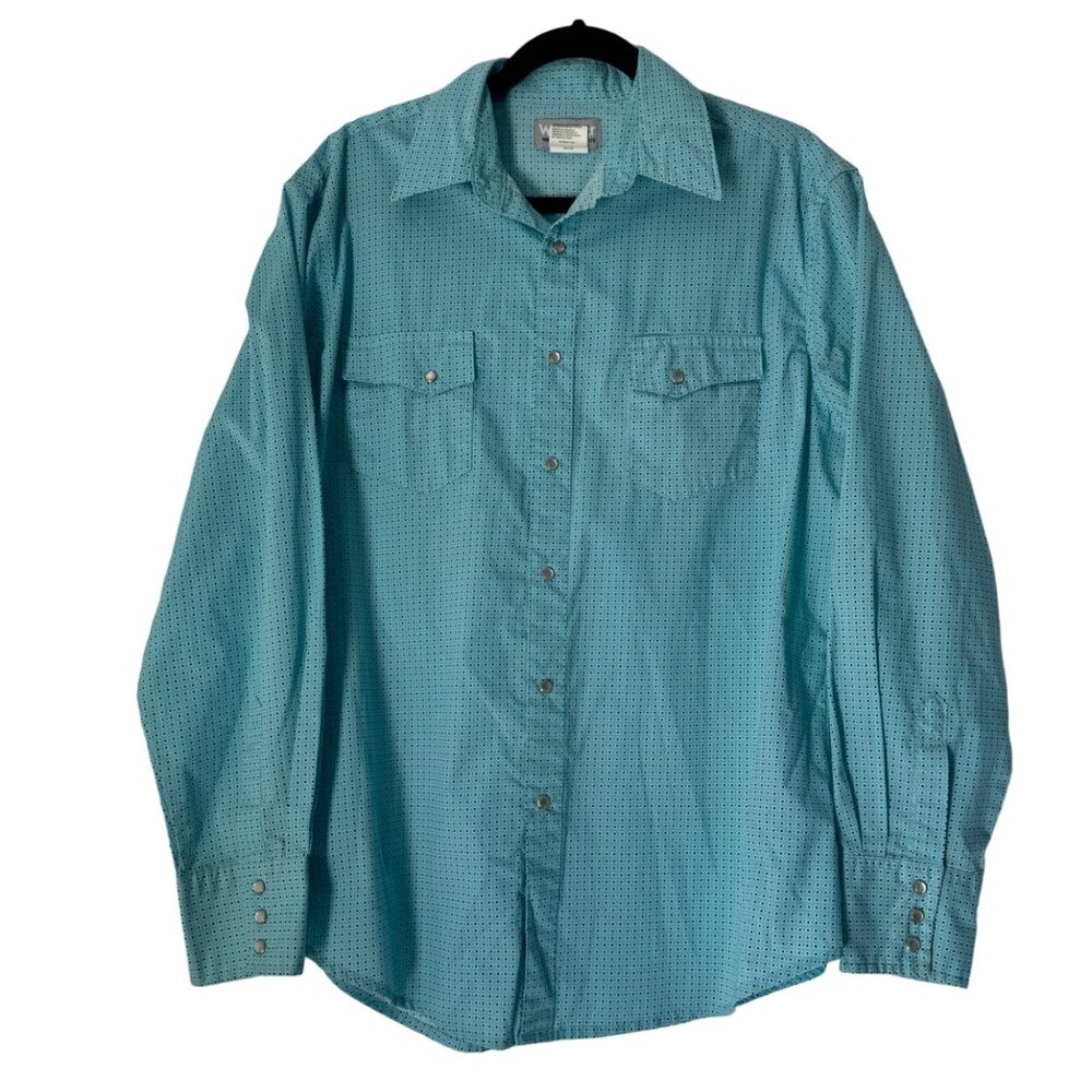 Wrangler Wrancher Shirt Men's Western Turquoise Polka Dot Snap Button, Size L